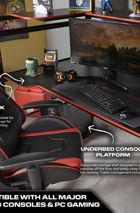 Close up of the X rocker battlebunk gaming desk featuring a spacious workstation  with a sturdy black metal frame, perfect for gaming monitors, accessories and sturdy essentials. 