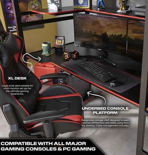 Close up of the X rocker battlebunk gaming desk featuring a spacious workstation  with a sturdy black metal frame, perfect for gaming monitors, accessories and sturdy essentials. 