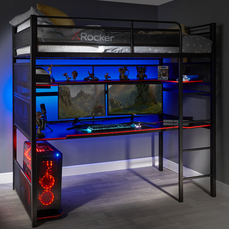 X Rocker Battlebunk gaming bed, bunk style with built in desk, sturdy black metal frame, high sleeper design, and integrated workstation for gaming and study setups. Front on view without gaming desk.