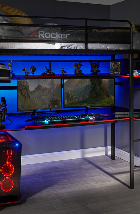 X Rocker Battlebunk gaming bed, bunk style with built in desk, sturdy black metal frame, high sleeper design, and integrated workstation for gaming and study setups. Front on view without gaming desk.