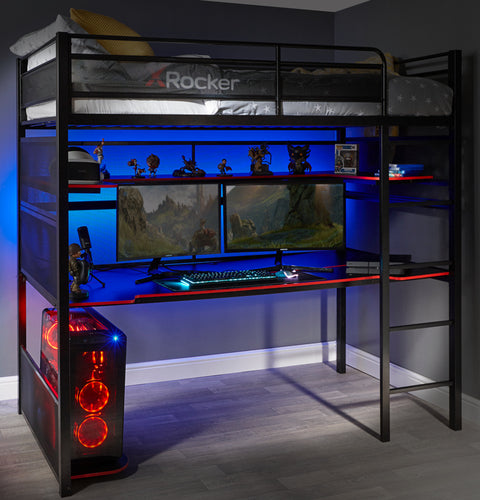 X Rocker Battlebunk gaming bed, bunk style with built in desk, sturdy black metal frame, high sleeper design, and integrated workstation for gaming and study setups. Front on view without gaming desk.