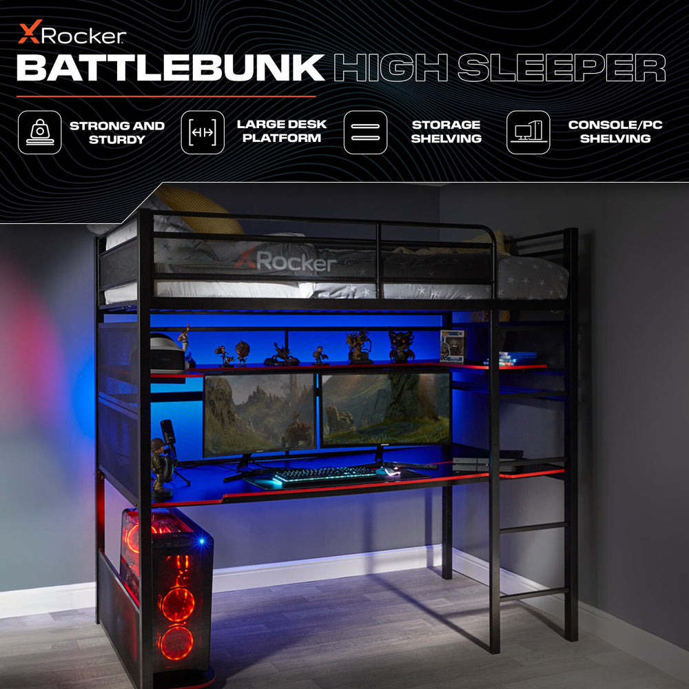 X Rocker Battlebunk gaming bed, bunk style with built in desk, sturdy black metal frame, high sleeper design, and integrated workstation for gaming and study setups. Front on view without gaming desk.