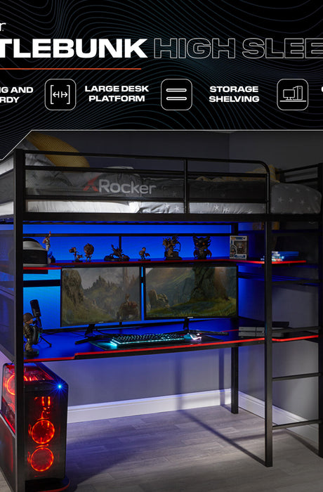 X Rocker Battlebunk gaming bed, bunk style with built in desk, sturdy black metal frame, high sleeper design, and integrated workstation for gaming and study setups. Front on view without gaming desk.