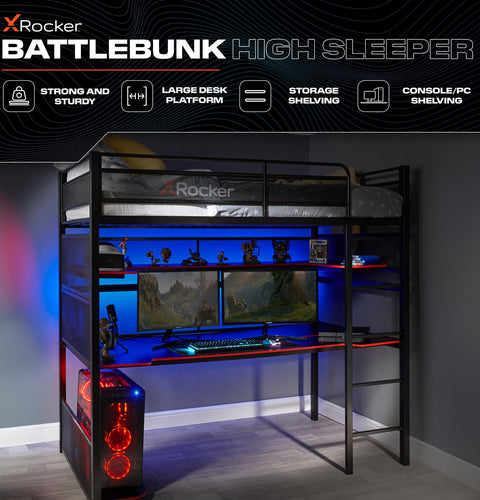 X Rocker Battlebunk gaming bed, bunk style with built in desk, sturdy black metal frame, high sleeper design, and integrated workstation for gaming and study setups. Front on view without gaming desk.