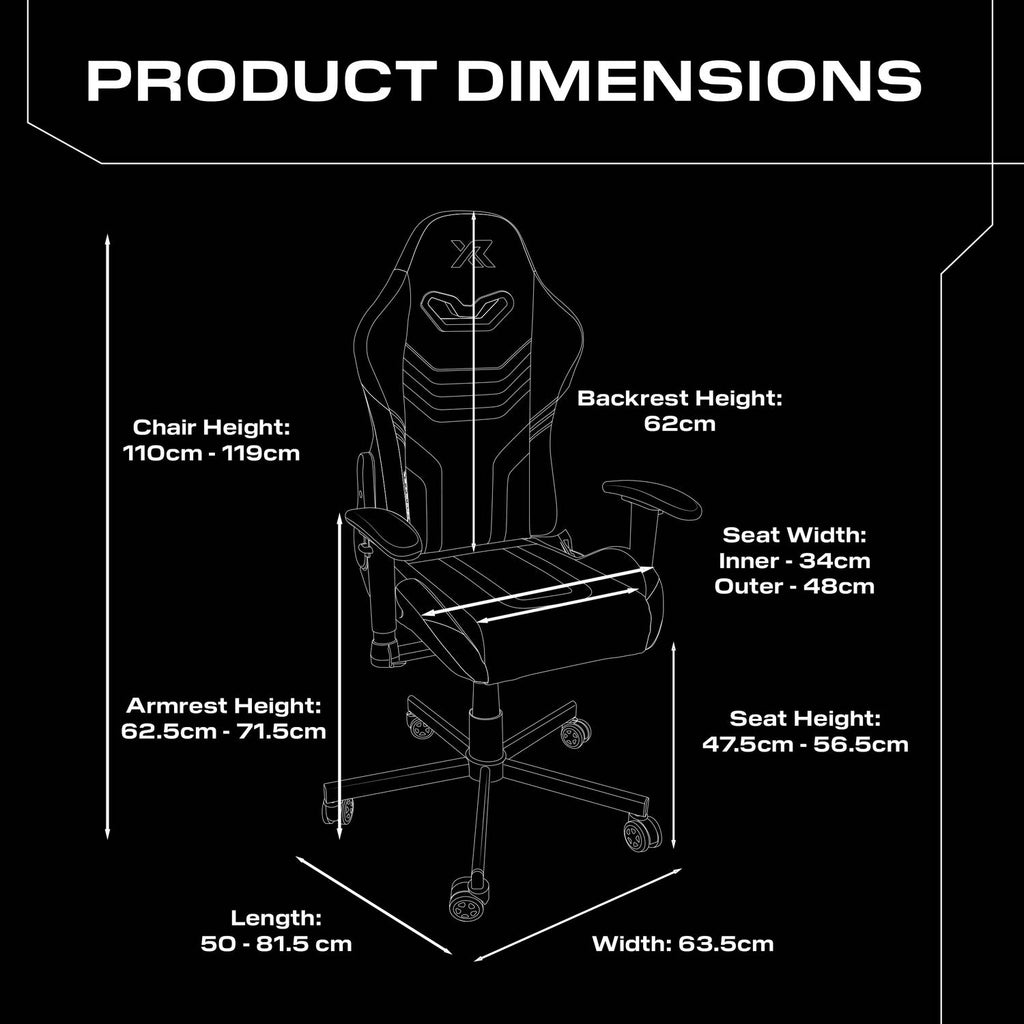 Agility Compact Gaming Chair Dimensions on a Black Background, highlighting a 110-119cm adjustable height, 63.5cm width and 50cm depth