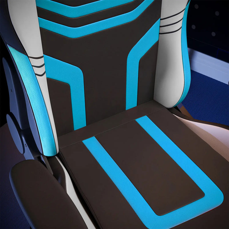 Black and blue gaming seat with geometric design