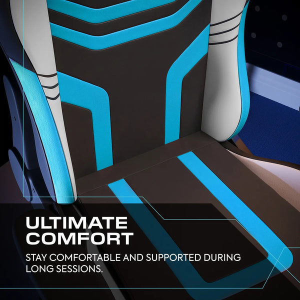 Gaming chair with blue and black design, emphasizing comfort during long sessions.