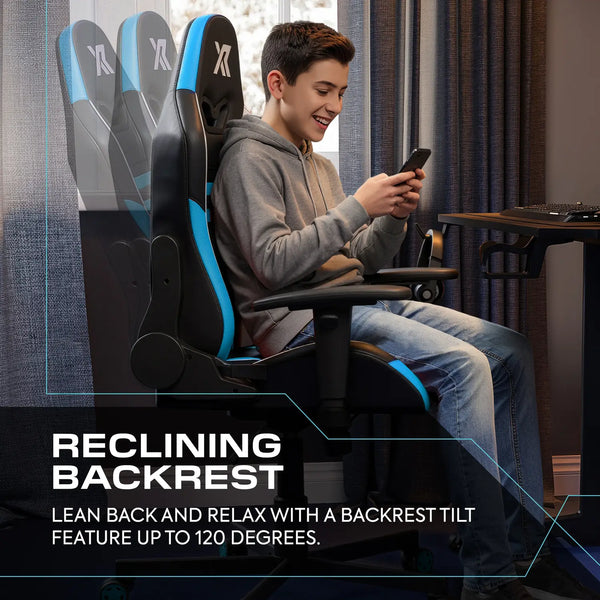 Person using a gaming chair with reclining backrest feature, leaning back and looking at a phone.