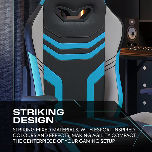 Gaming chair with blue and black design in a room setting