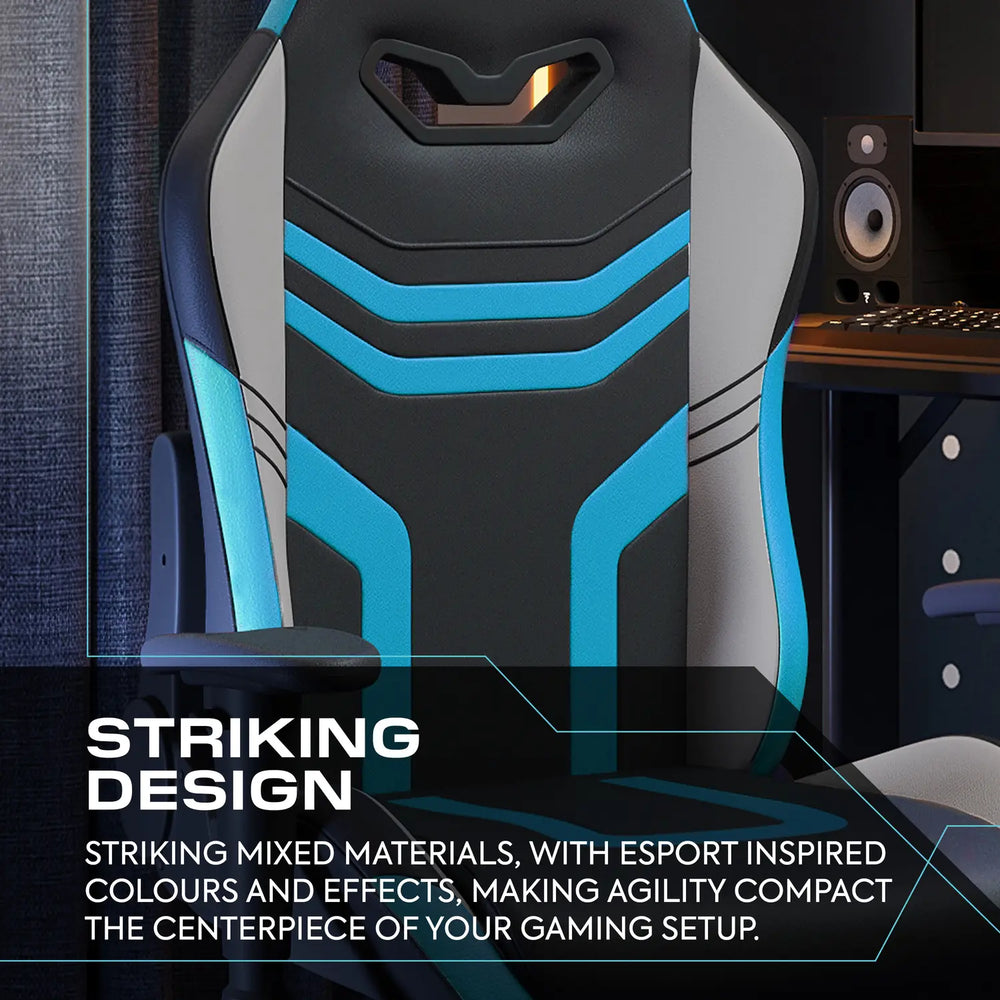 Gaming chair with blue and black design in a room setting