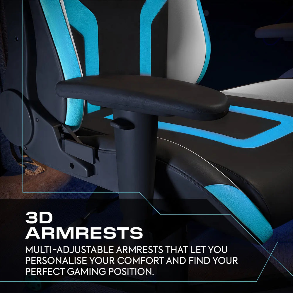 Gaming chair with 3D armrests highlighted, emphasizing adjustable features.