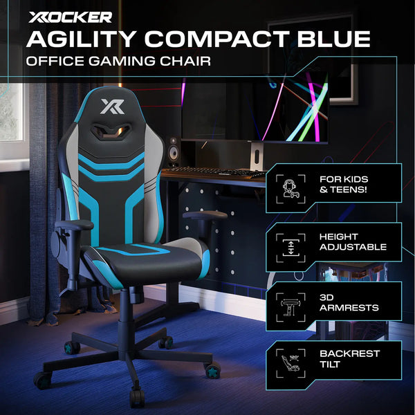 X-Rocker Agility Compact Blue office gaming chair in a room setup with computer equipment.