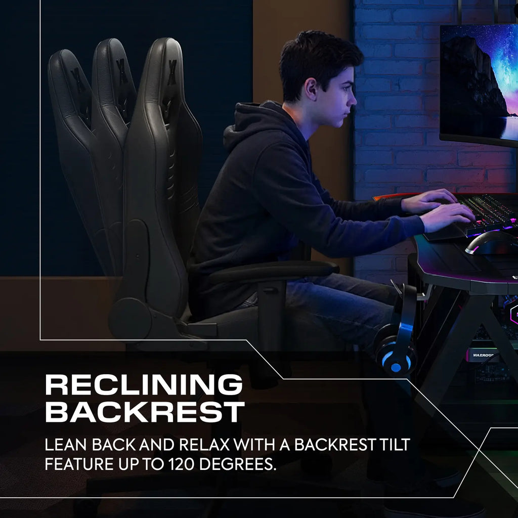 Person using a gaming chair with reclining backrest feature in a dark room.
