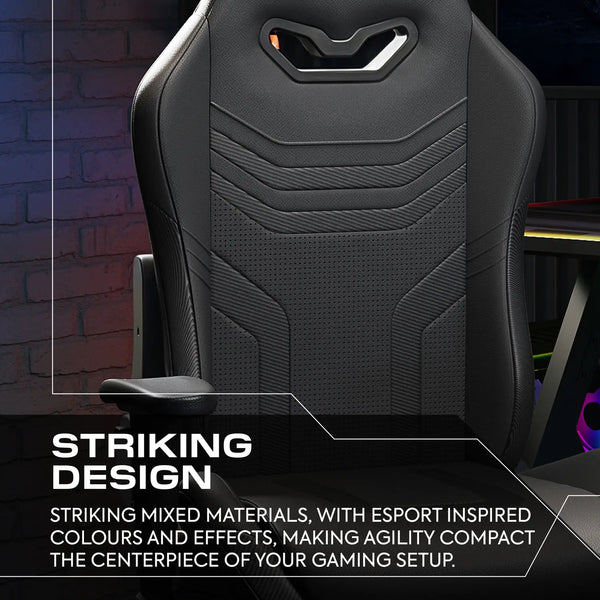 Black gaming chair with text highlighting its design and features