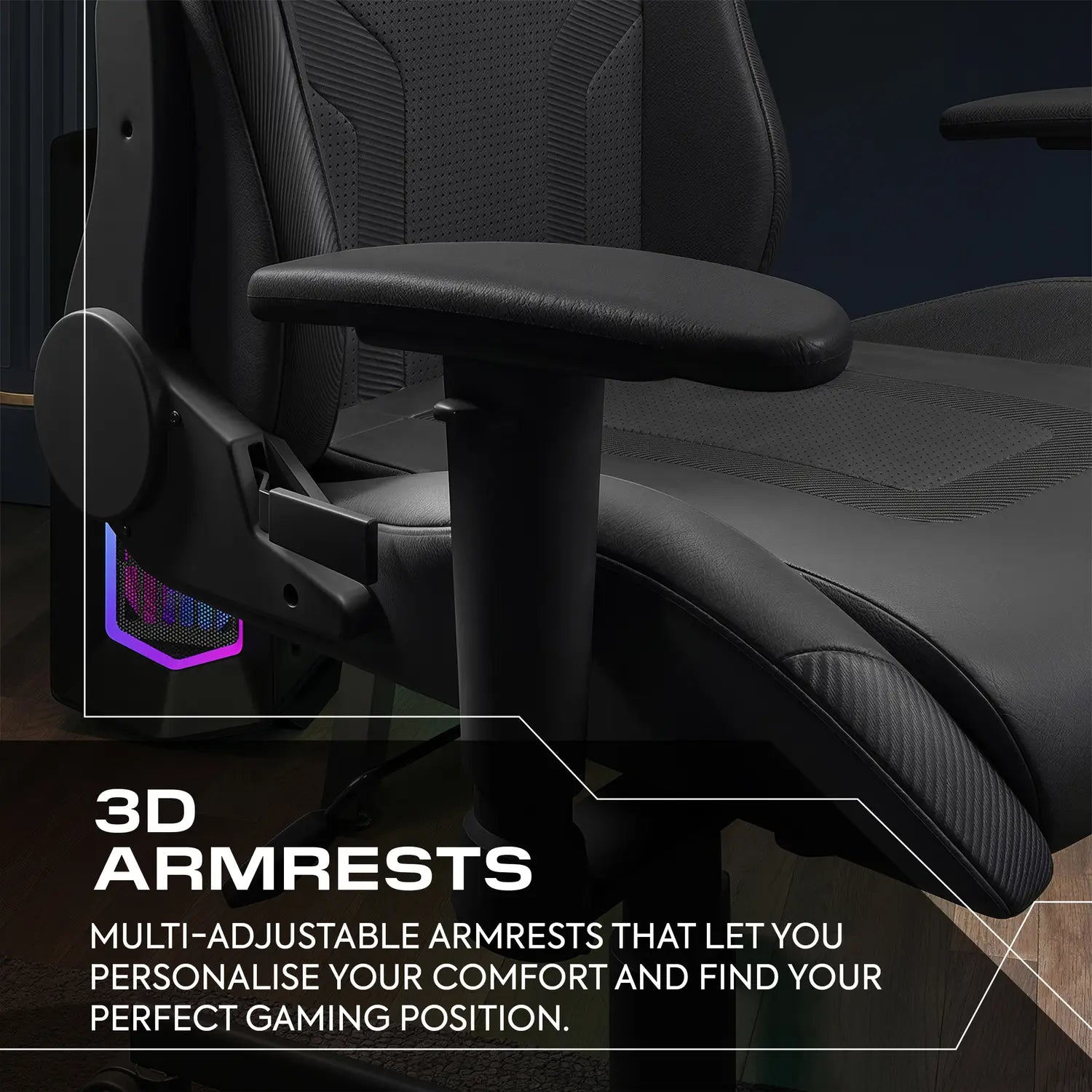 Gaming chair with 3D armrests and text highlighting adjustable features