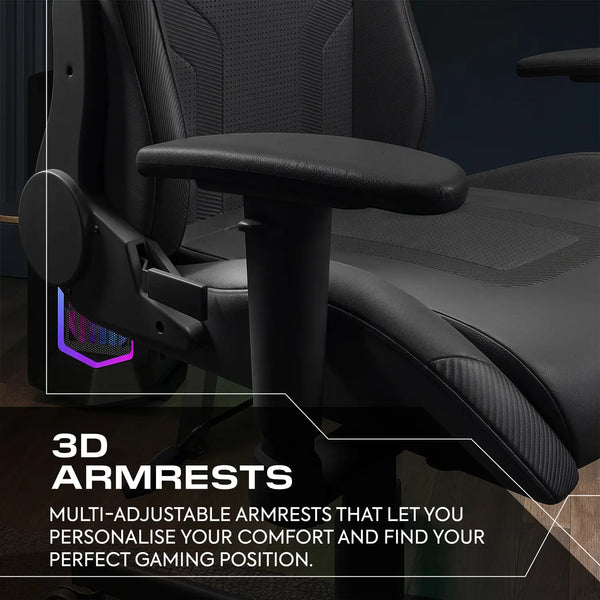 Gaming chair with 3D armrests and text highlighting adjustable features