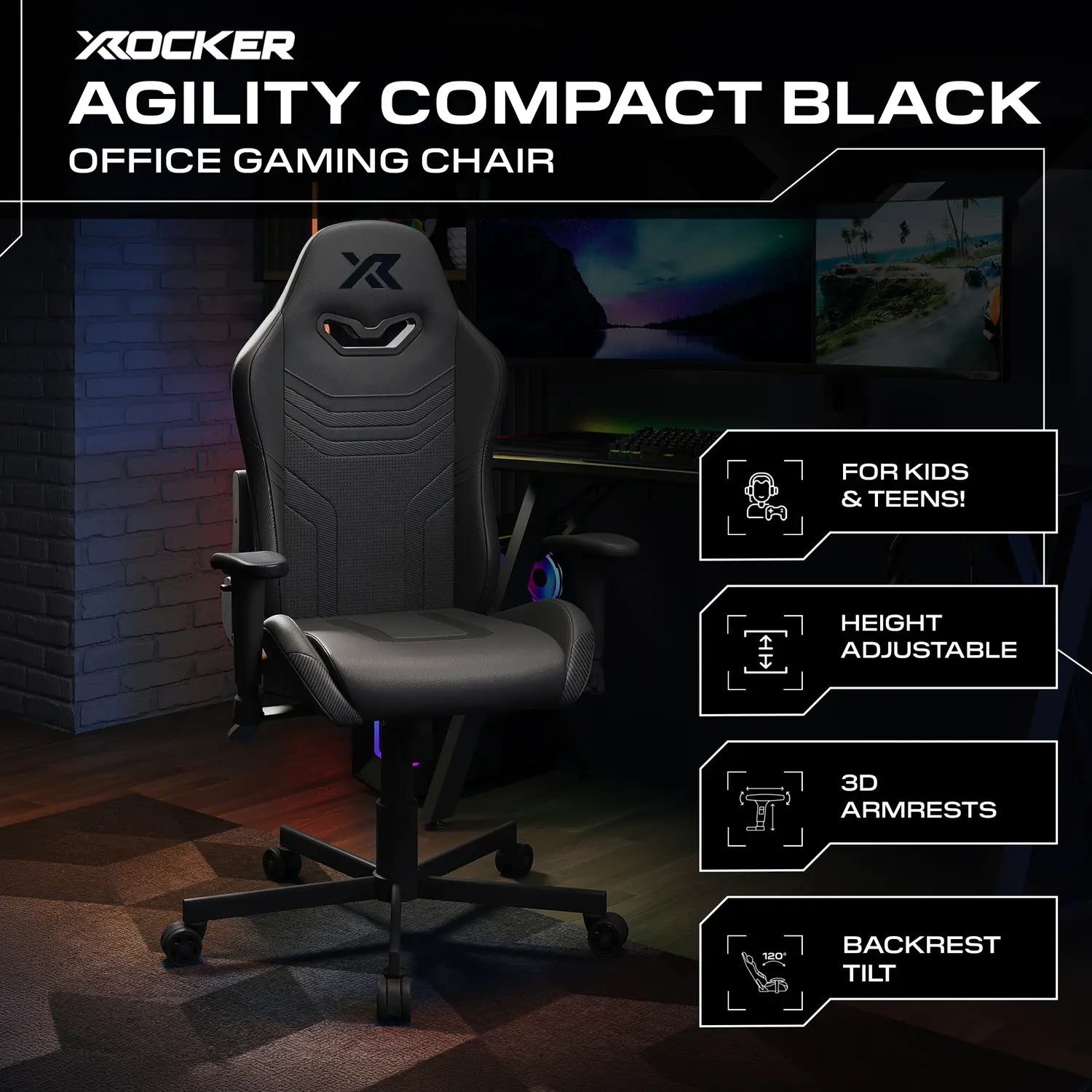 X rocker Agility Compact Black office gaming chair in a room setup with computer monitors.