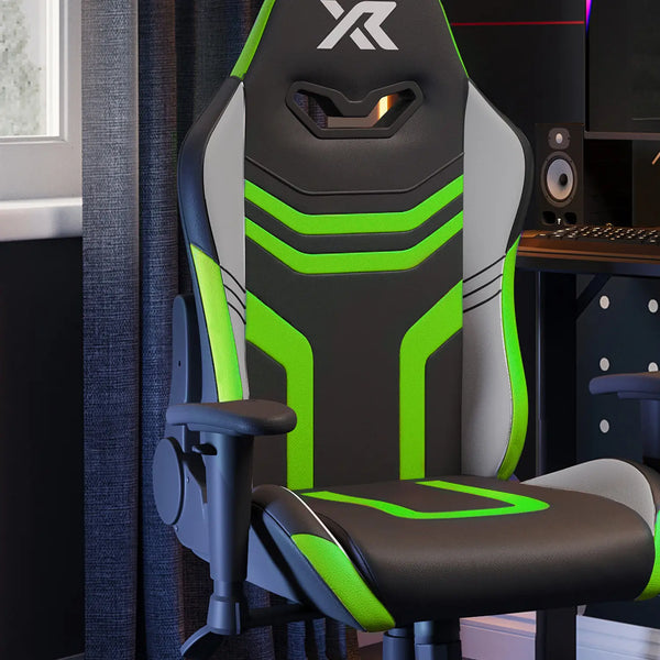 Gaming chair with green and black design in a room setting