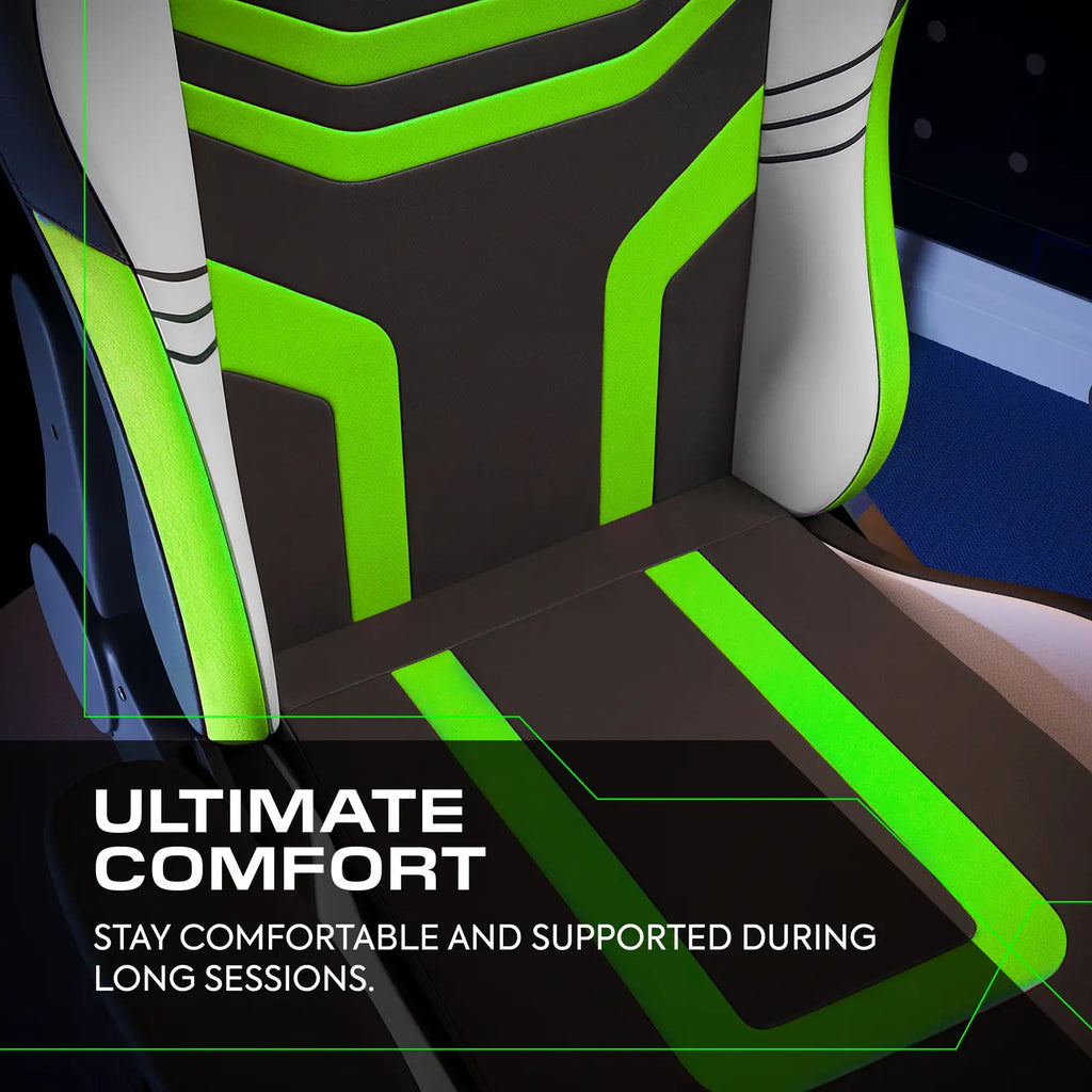Gaming chair with green accents and text highlighting comfort during long sessions.