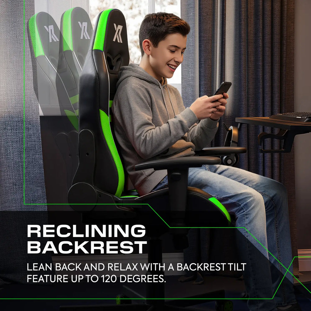 Person using a gaming chair with reclining backrest feature, leaning back and relaxing.