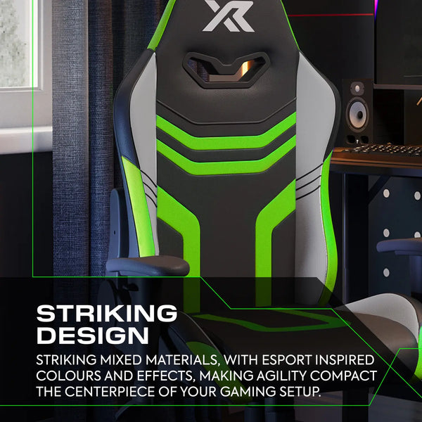 Gaming chair with green and black design in a room setting