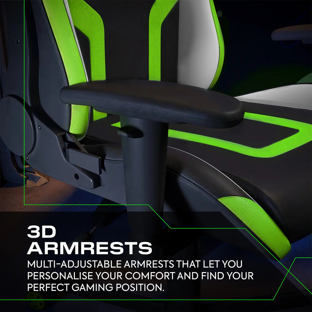 Gaming chair with 3D armrests highlighted, featuring green and black design.