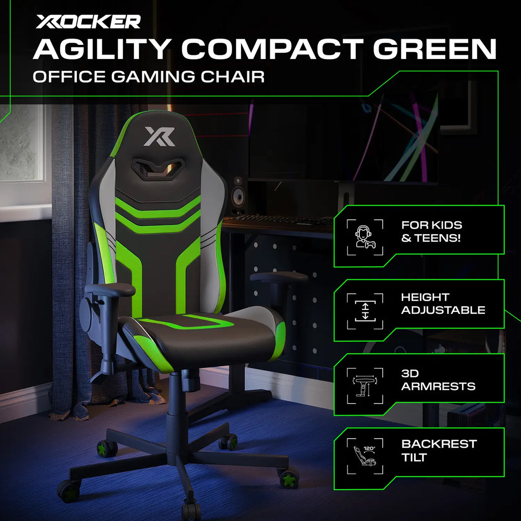 X rocker Agility Compact Green office gaming chair in a room setup with gaming equipment.