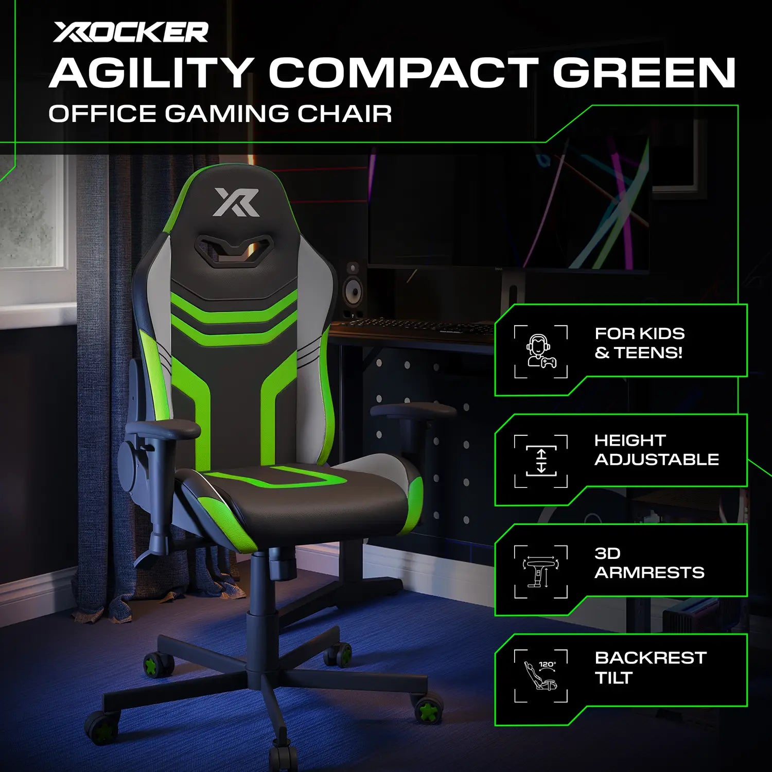 X rocker Agility Compact Green office gaming chair in a room setup with gaming equipment.