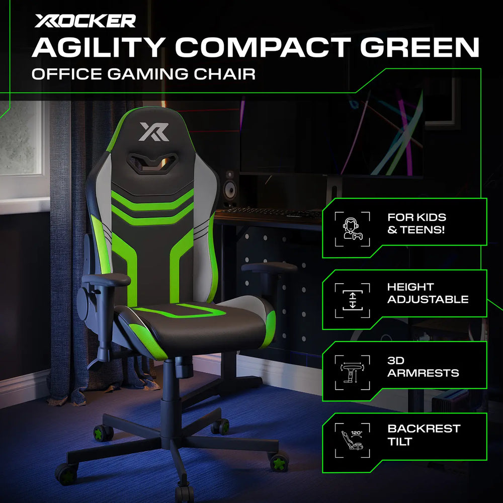 X rocker Agility Compact Green office gaming chair in a room setup with gaming equipment.