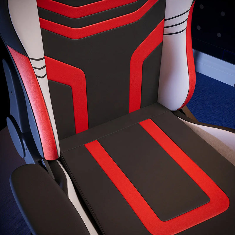 Close-up of a agility gaming seat with red and black design