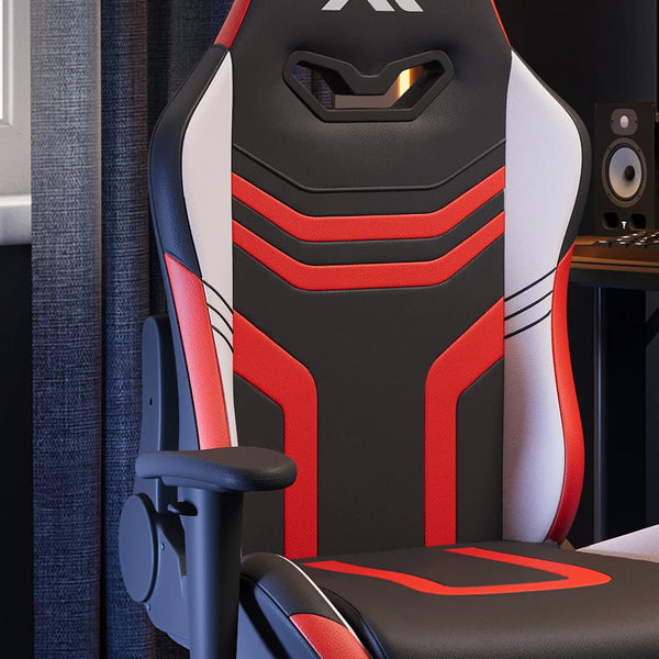 Gaming chair with black, red, and white design in a room setting.