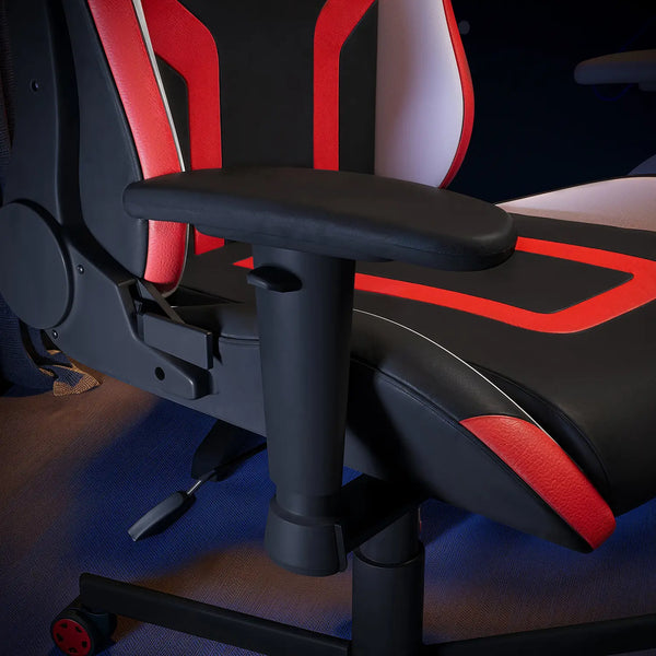 Gaming chair with red and black design on a dark background