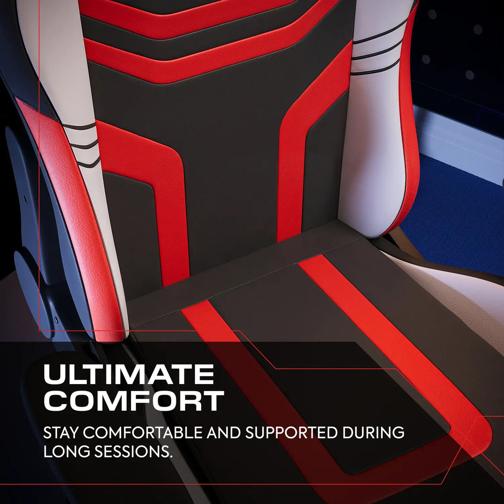 Ergonomic chair with red and black design, emphasizing comfort during long sessions.