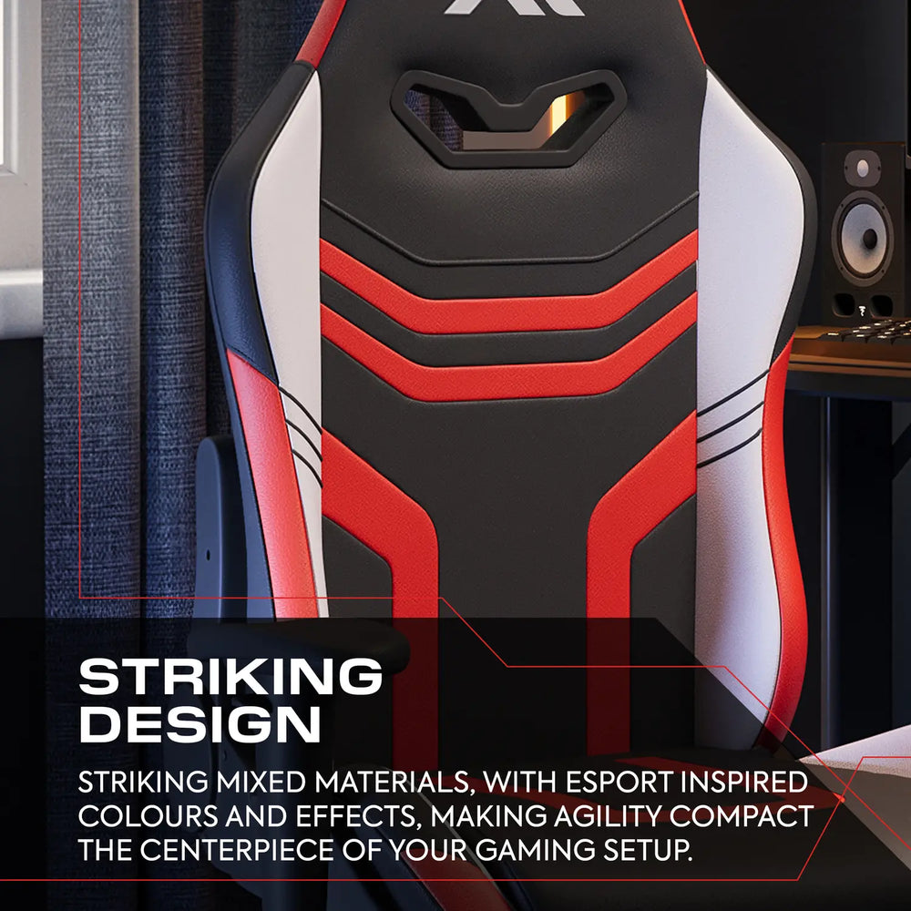 Gaming chair with red and white accents in a room setting