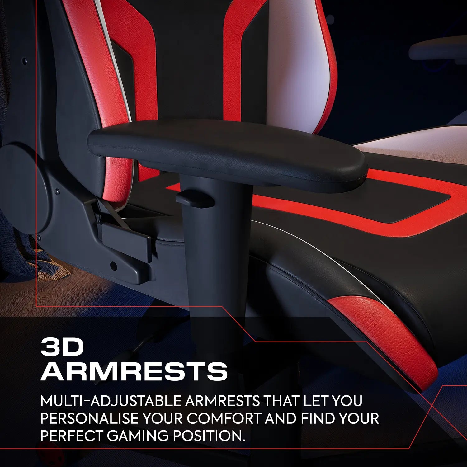 Gaming chair with 3D armrests highlighted, emphasizing adjustable features.