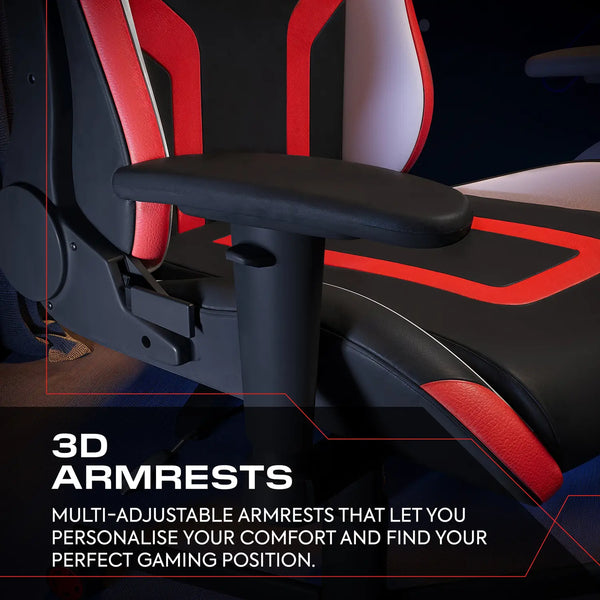 Gaming chair with 3D armrests highlighted, emphasizing adjustable features.