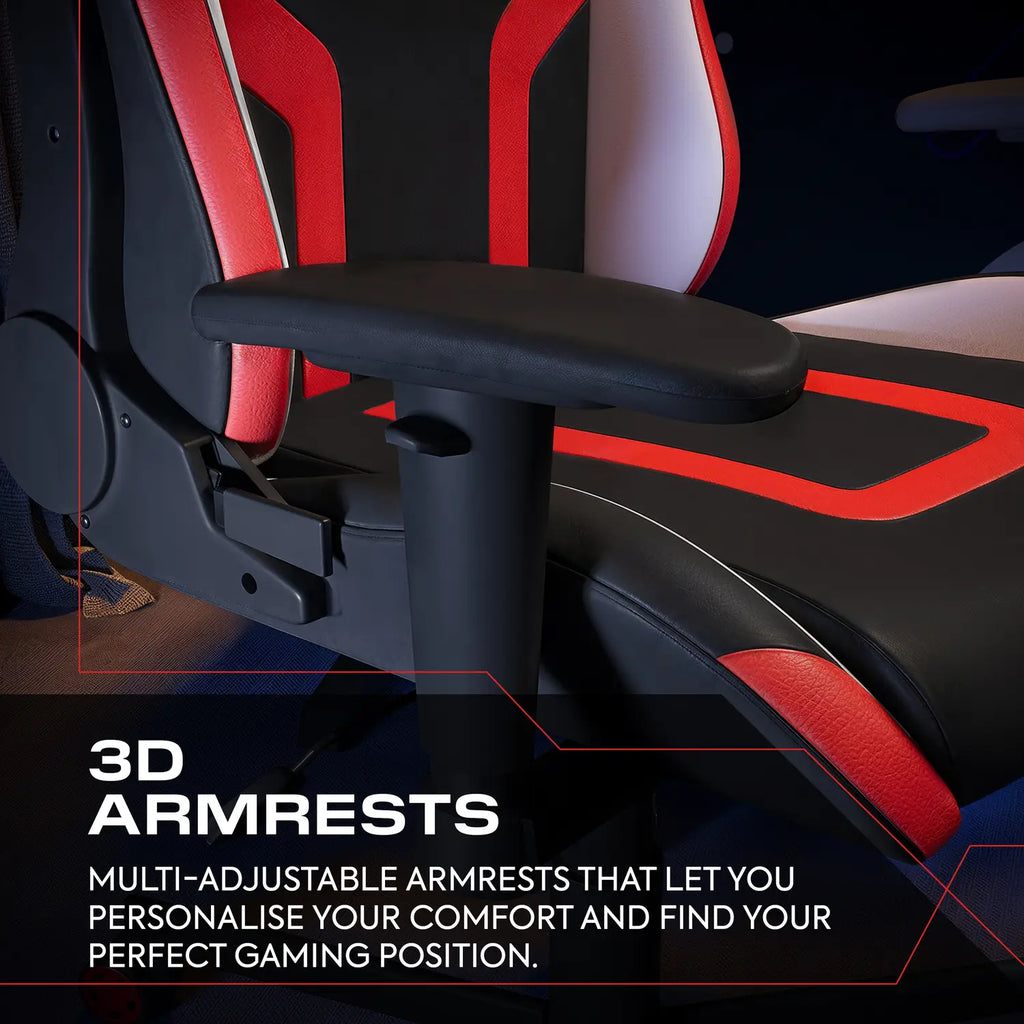 Gaming chair with 3D armrests highlighted, emphasizing adjustable features.