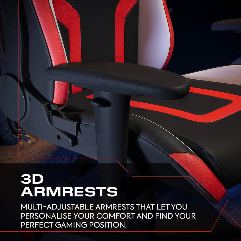 Gaming chair with 3D armrests highlighted, emphasizing adjustable features.