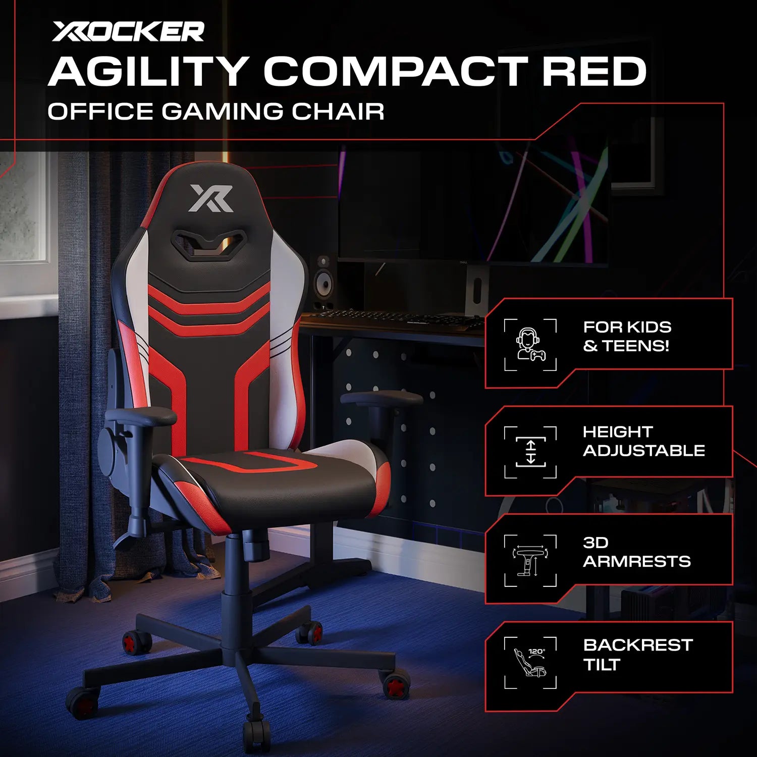 X rocker Agility Compact Red office gaming chair in a room setup with computer equipment.