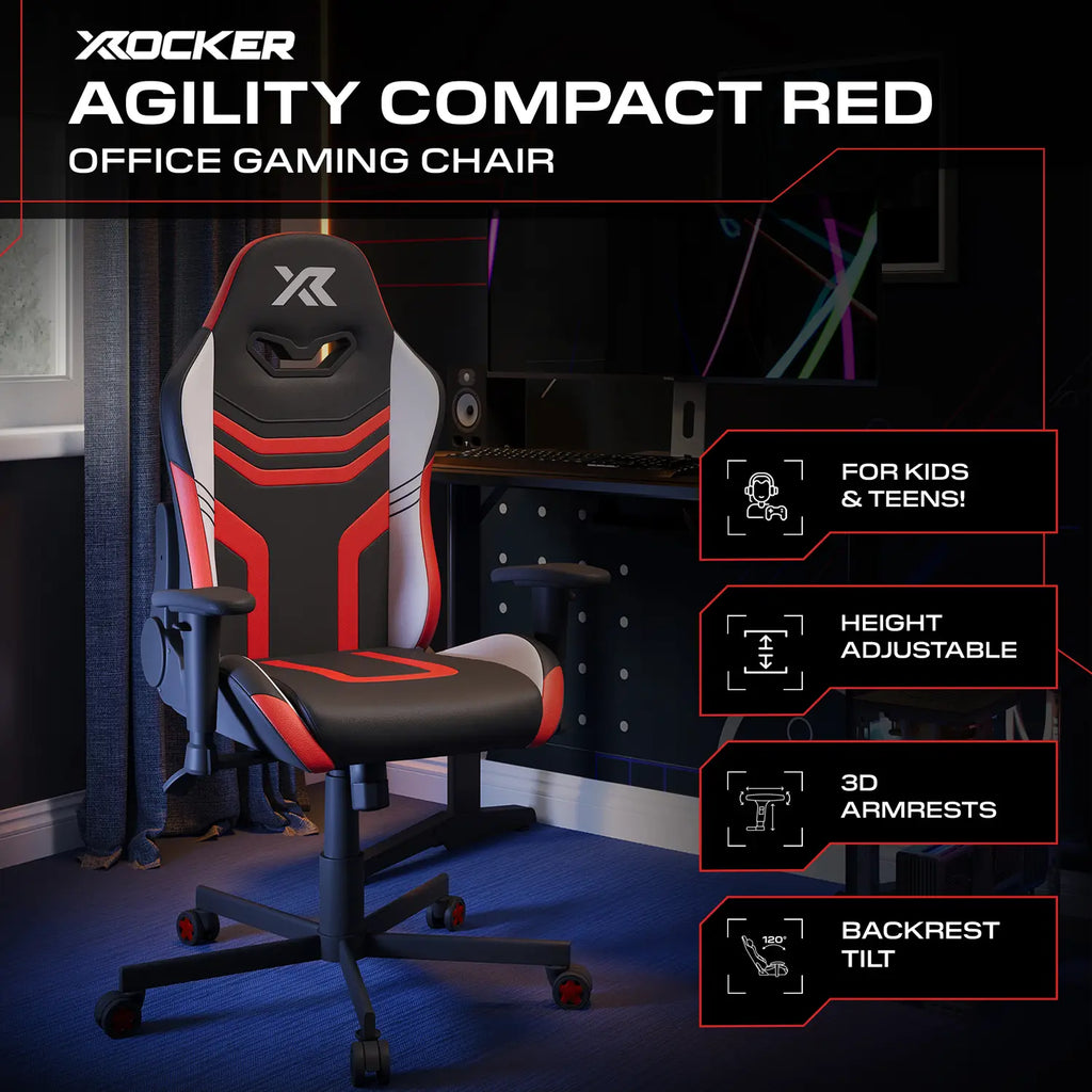X rocker Agility Compact Red office gaming chair in a room setup with computer equipment.