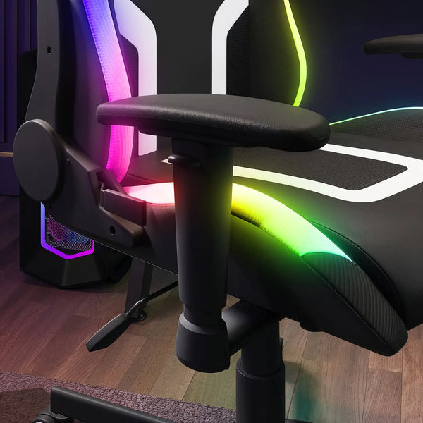 Agility Compact RGB Gaming chair with LED lighting on a wooden floor