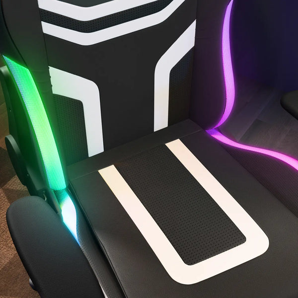Gaming chair with RGB lighting on a carpeted floor
