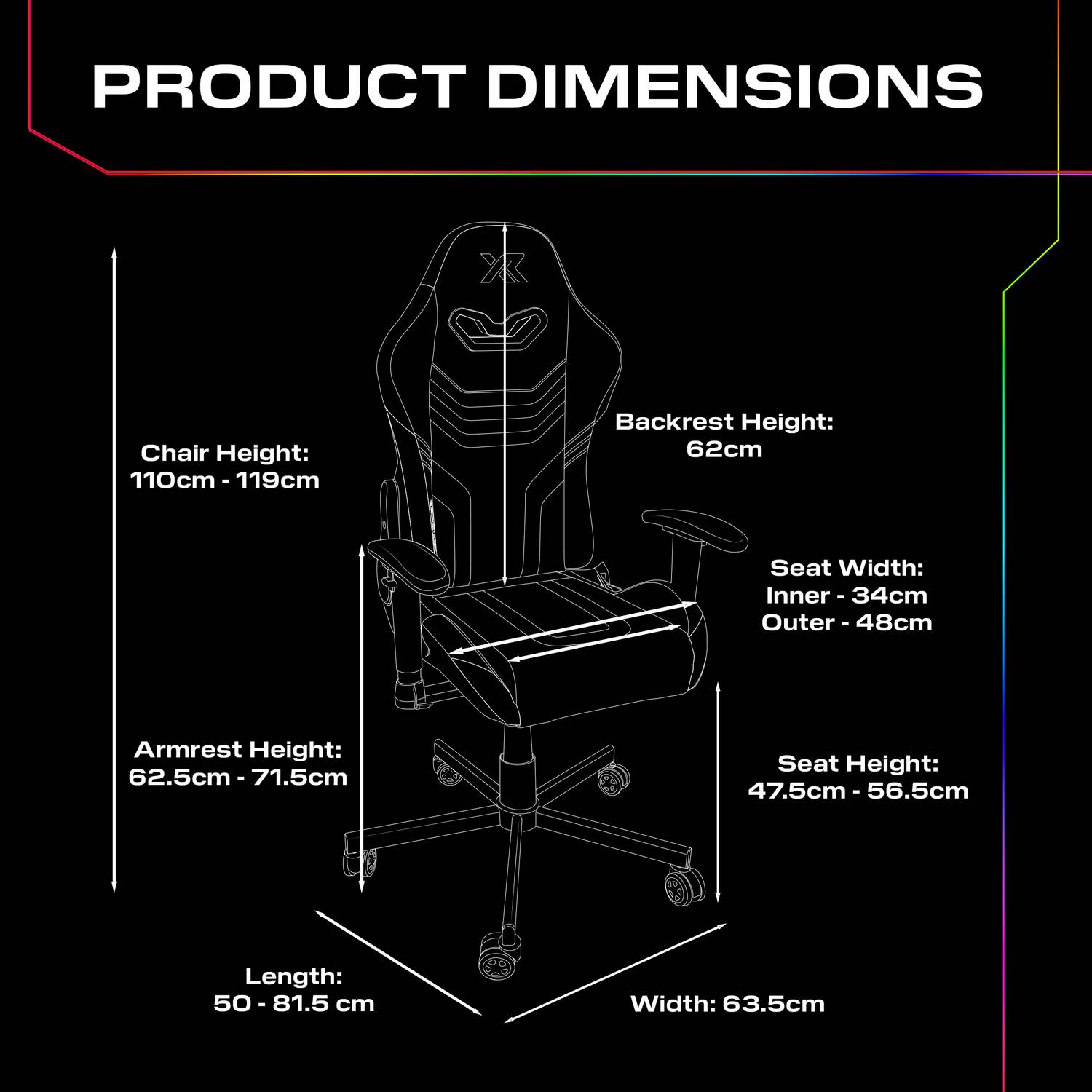 Agility Compact RGBGaming chair dimensions diagram on a black background, showcasing a 110-119cm adjustable height, 63.5cm width and 50cm depth