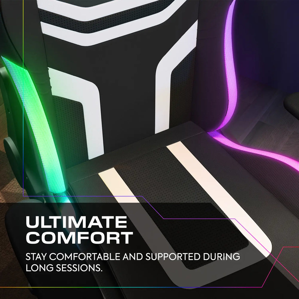 Agility Compact RGB Gaming chair with RGB lighting and text 'Ultimate Comfort' on a dark background