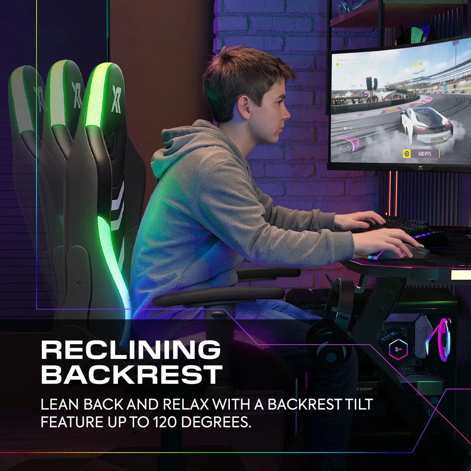 Person playing a racing game on a computer with gaming chair and backrest highlighted.