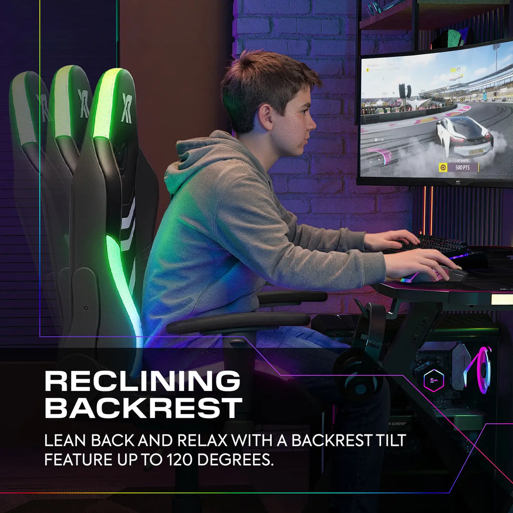Person playing a racing game on a computer with gaming chair and backrest highlighted.