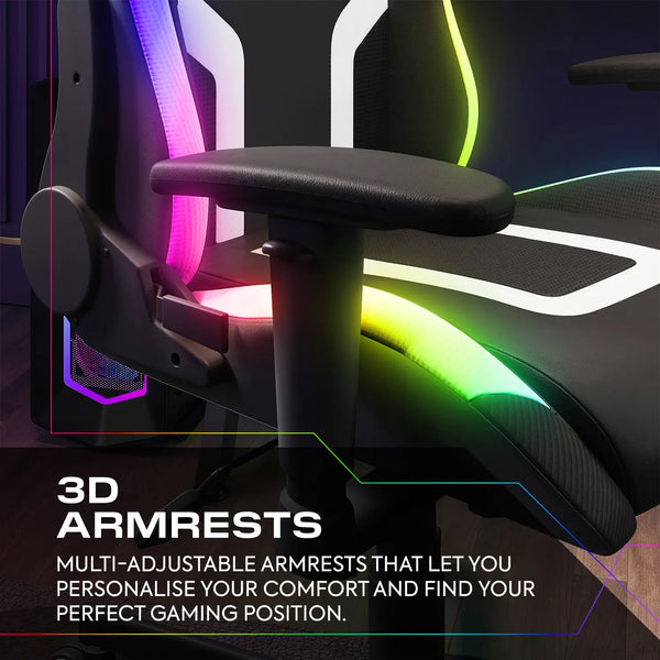 Gaming chair with 3D armrests and RGB lighting, highlighting adjustable features.