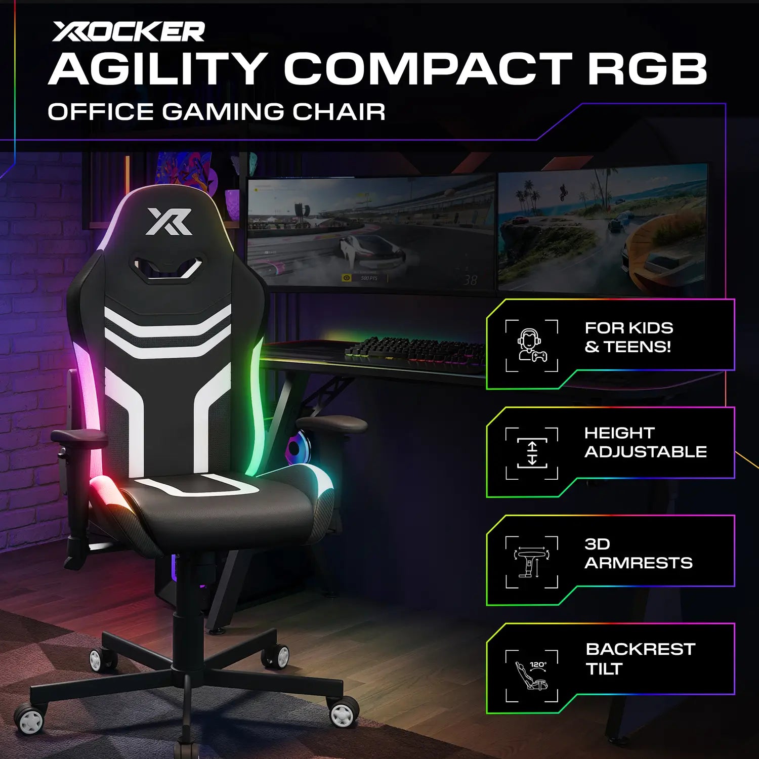 X rocker Agility Compact RGB office gaming chair with gaming setup in the background