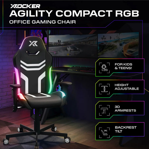 X rocker Agility Compact RGB office gaming chair with gaming setup in the background