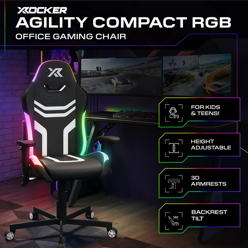 X rocker Agility Compact RGB office gaming chair with gaming setup in the background